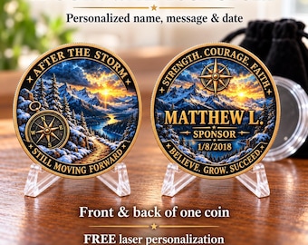 Personalized Sobriety Coin, Recovery Anniversary Gift, Mountain Compass Keepsake, Custom Name & Date, Laser Engraved or UV Print, Sober Gift
