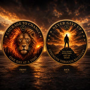 May include: Two circular gold-toned coins featuring a lion head on the left with the text COURAGE TO CHANGE and ONE DAY AT A TIME. The right coin shows a person standing on a mountain peak with the text NEVER GIVE UP and STRENGTH THROUGH RECOVERY.