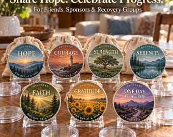 May include: Seven circular recovery tokens featuring landscape illustrations and the words Hope, Courage, Strength, Serenity, Faith, Gratitude, and One Day At A Time. Each token is displayed on a clear stand with a small drawstring pouch behind it.