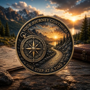Könnte beinhalten: Eine kreisförmige Medaille in Bronzetönen mit einem erhabenen Kompassmotiv und einer Landschaftsszene mit einem Steinweg, der bei Sonnenuntergang zu Bergen führt. Der Text YOUR JOURNEY CONTINUES und ONE STEP AT A TIME ist eingeprägt.