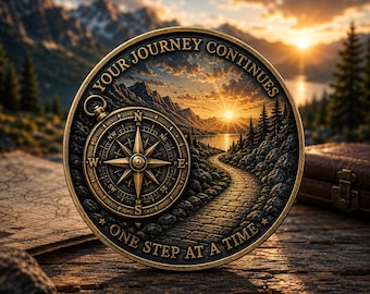 Puede incluir: Un medallón circular en tonos bronce con una rosa de los vientos y un paisaje de un camino de piedra que conduce a las montañas al atardecer. El texto YOUR JOURNEY CONTINUES y ONE STEP AT A TIME aparece en letras en relieve.