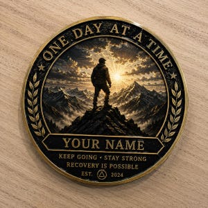 Puede incluir: Un medall&oacute;n circular de metal dorado con una imagen central de una persona de pie en la cima de una monta&ntilde;a al amanecer. El texto dice ONE DAY AT A TIME, YOUR NAME, KEEP GOING STAY STRONG RECOVERY IS POSSIBLE y EST. 2024 con un icono triangular.