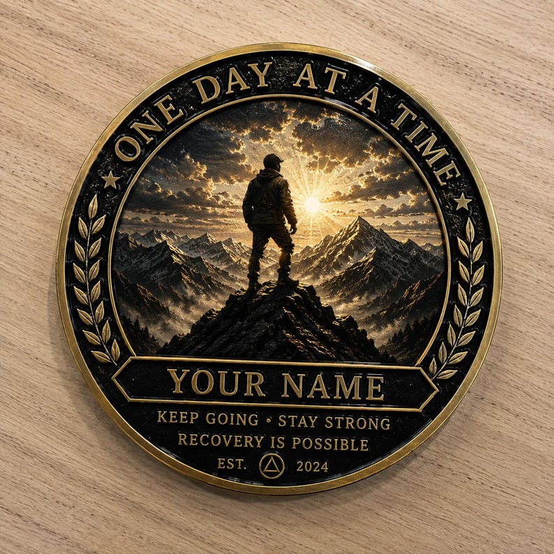 Puede incluir: Un medall&oacute;n circular de metal dorado con una imagen central de una persona de pie en la cima de una monta&ntilde;a al amanecer. El texto dice ONE DAY AT A TIME, YOUR NAME, KEEP GOING STAY STRONG RECOVERY IS POSSIBLE y EST. 2024 con un icono triangular.
