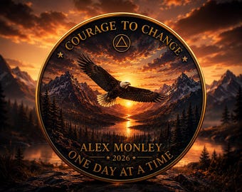Puede incluir: Un medallón circular con borde dorado que muestra un águila calva volando sobre un lago de montaña al atardecer. El texto dice COURAGE TO CHANGE, ALEX MONLEY, 2026 y ONE DAY AT A TIME, con un símbolo de triángulo centrado en la parte superior.