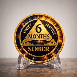 May include: A gold-colored sobriety coin with the words "UNITY", "SERVICE", and "SOBER". The coin features a triangle with the number "6" and the word "MONTHS". The coin is displayed on a clear acrylic stand.