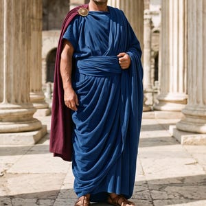 May include: A blue tunic draped in a toga style with a deep red cape fastened at the shoulder with a circular gold brooch. The garment features layered fabric folds around the waist and is paired with brown leather strappy sandals on the feet.
