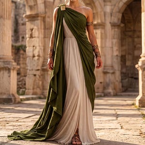 Puede incluir: Un vestido largo hasta el suelo de un solo hombro que presenta una capa base de color crema y una superposición drapeada de color verde oliva. La prenda incluye un broche dorado en el hombro, una diadema trenzada y brazaletes dorados a juego.