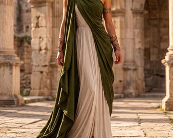 May include: A floor-length, one-shoulder dress featuring a cream-colored base layer and a draped olive green overlay. The garment includes a gold-toned shoulder clasp, a braided headband, and matching gold-toned arm cuffs on both upper arms.
