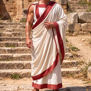 May include: A floor-length off-white toga featuring a deep red border with intricate dark red geometric patterns. The garment is draped over one shoulder, secured with a circular metallic clasp, and paired with brown leather strappy sandals.
