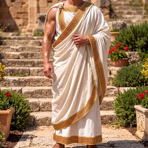 May include: A floor-length off-white toga featuring a gold-colored Greek key pattern along the neckline and hem. The garment is draped over one shoulder and secured with a circular brooch, paired with brown strappy sandals on the feet.
