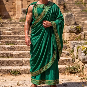 May include: A floor-length emerald green toga featuring a gold-colored trim with geometric patterns along the neckline and hem. The garment is secured at the shoulder with a circular gold-colored brooch and is paired with brown leather sandals.