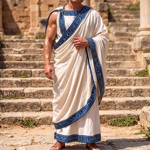 May include: A floor-length cream-colored toga featuring a deep blue border with repeating geometric patterns and symbols. The garment drapes over one shoulder, secured with a circular clasp, and is paired with brown leather strappy sandals.