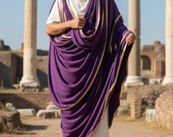 May include: A person wearing a purple toga with gold trim, a white tunic, and brown sandals. The toga is draped over the shoulders and around the body. The background features ancient Roman ruins and columns.