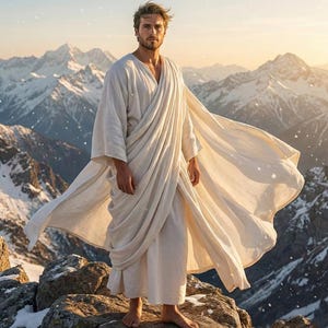 May include: A person stands on a rocky mountaintop, wearing a flowing, cream-colored robe. The robe drapes over the shoulders and around the body. The background features snow-capped mountains and a bright sky. The person has light brown hair and a beard.