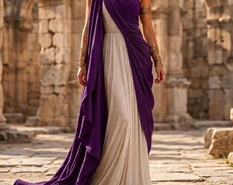 May include: A floor-length dress featuring a cream-colored base with a draped, deep purple overlay that secures at the shoulder with a gold-toned clasp. The garment includes gold-toned arm cuffs on both upper arms, creating a layered appearance.