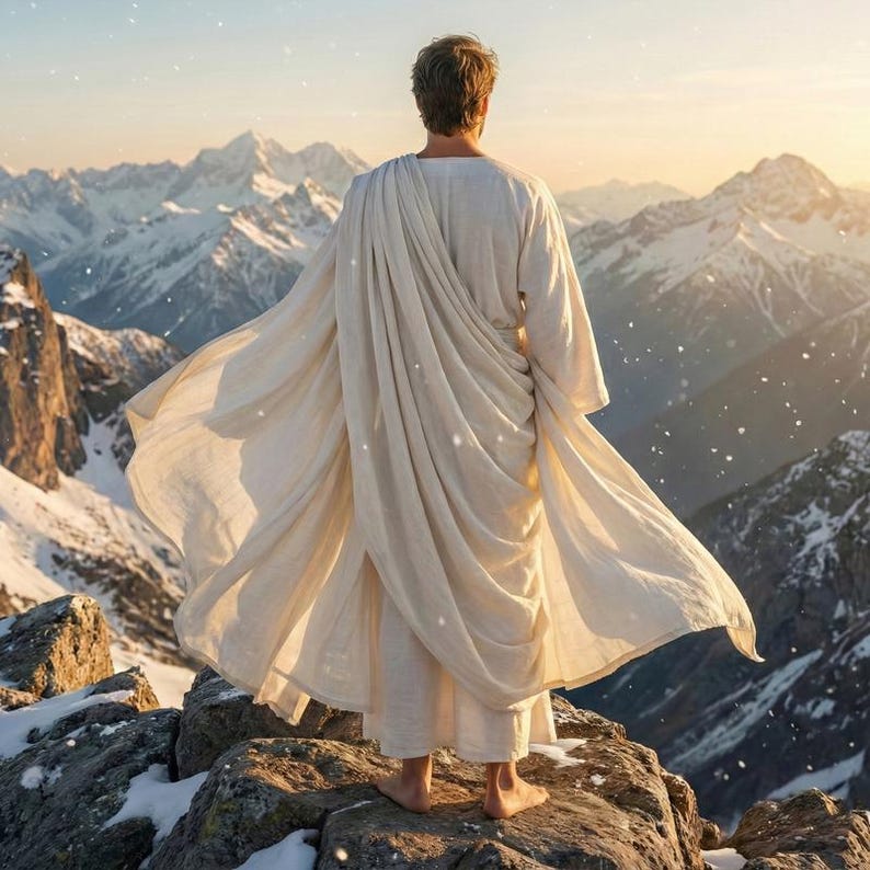 May include: A person stands on a rocky mountaintop, facing away from the viewer, draped in flowing white fabric. Snow-capped mountains fill the background under a soft, golden light, creating a serene and majestic scene.