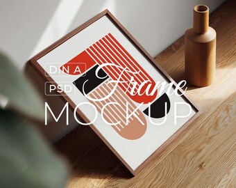 Wood Frame Mockup PSD, Leaning Poster Mockup, Minimalist Scandinavian Wall Art Mockup, Neutral Interior, Digital Download