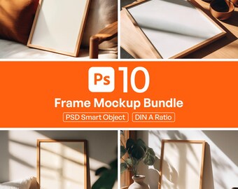 Minimalist 10 Wooden Frame Mockup Bundle, DIN A Ratio Mockups, Scandinavian Poster Frame PSD for Wall Art & Printables