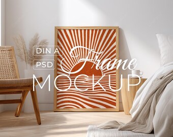 Boho Frame Mockup Bedroom, Wood Poster Mockup, Neutral Wall Art Mockup, Minimal Interior, Digital Download