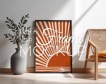 Minimalist Frame Mockup PSD, Scandinavian Interior, Neutral Wall Art Mockup, Wooden Chair and Plant Scene, Poster Mockup, Digital Download