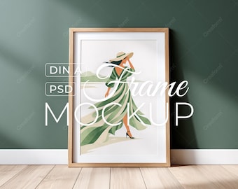 Vertical Poster Frame Mockup, Wood Frame on Sage Green Wall, Minimal Scandinavian Interior, DIN A Photoshop PSD Template, Digital Download