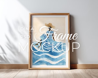 Minimalist Wooden Frame Leaning Against a Clean Wall, Wall Art Mockup PSD, Photoshop Template, Digital Download