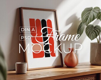 Minimal Wooden Frame Mockup, Neutral Interior Scandinavian Poster Mockup, PSD Photoshop Template, Digital Download