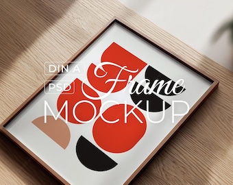 Modern Wood Frame Mockup PSD, Horizontal Poster Mockup, Frame on Wood Table, Photoshop Template, Digital Download
