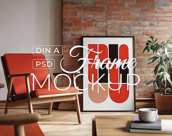 Leaning Frame Mockup PSD, Mid Century Modern Poster Mockup, Brick Interior Scene, Digital Download