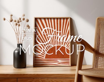 PSD Frame Mockup Scandinavian Interior, Minimalist Wall Art Photoshop Template, Neutral Boho Styled Poster, Digital Download
