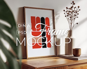 Minimalist Frame Mockup PSD, Wooden Frame Photoshop Template, Neutral Interior, Scandinavian Aesthetic, Digital Download