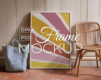 Boho Frame Mockup Near Rattan Chair, Coastal Wall Art PSD Template, Lifestyle and Beach House Mockup, Digital Download