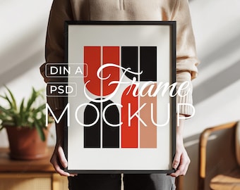 Frame Mockup With Person, Woman Holding Poster, PSD Photoshop Template , Home Interior, Digital Download