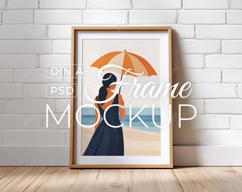 White Brick Wall Frame Mockup PSD, Vertical Wooden Frame Photoshop Template, Minimal Scandinavian Interior, DIN A Poster, Digital Download