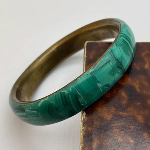 Vintage Malachite Bangle Bronze Mosaic Bracelet 1970s Boho Statement Inlay Green Gemstone Stacking Cuff Handmade Jewelry Gift for Her