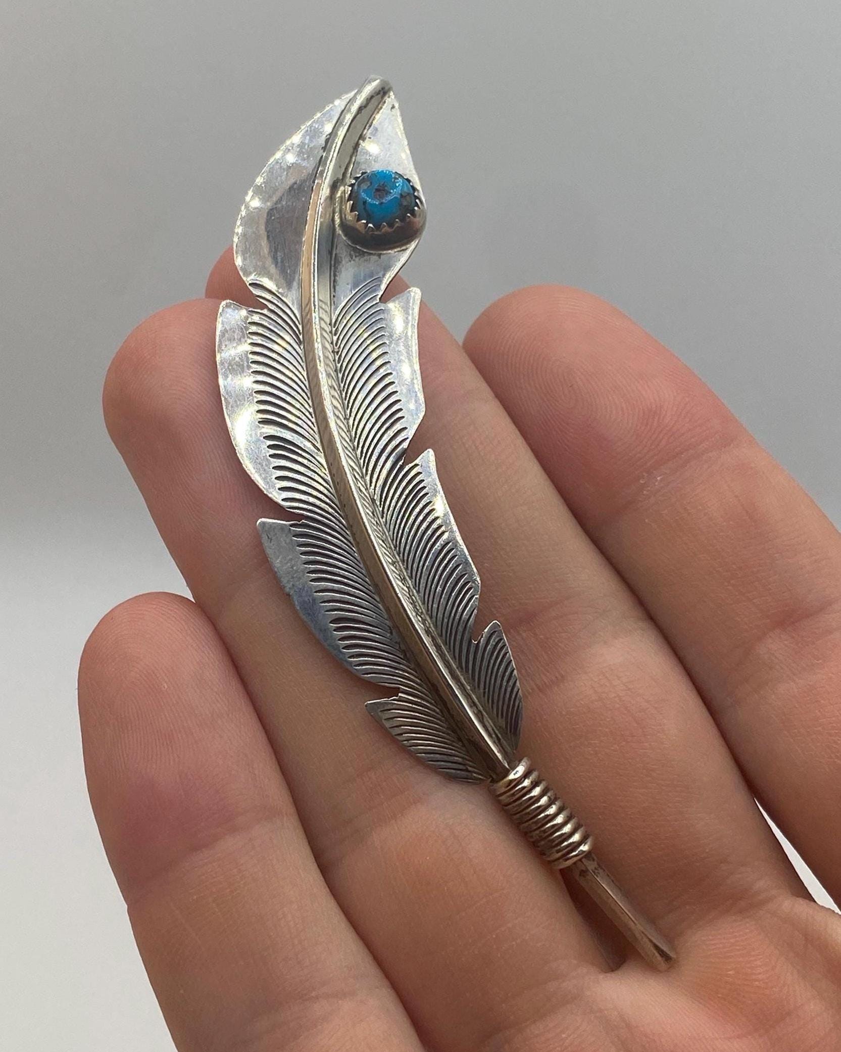Vintage Sterling Silver Feather Brooch with Turquoise Navajo / Southwestern Style Feather Pin Hallmark B. L. Stamped Sterling925 Turquoise