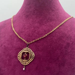 Victorian Rose Gold Plated Ruby Pendant Necklace Antique Art Nouveau Edwardian Red Gemstone Pearl Drop Choker Gold Chain Jewelry Gift Rubin