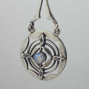 Vintage 925 Sterling Silver Opal Pendant Necklace Art Nouveau Style Blue Stone 1990s Elegant Jewelry
