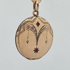 Antique Rose Gold Filled Locket Pendant with Ruby | Vintage Art Nouveau Jewelry | Victorian Photo Locket Openable Round Star Setting