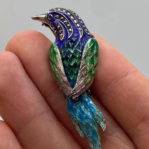 Vintage Marcasite Bird Brooch 835 Silver Enamel Ruby Eye Art Deco Figural Pin 1920s 1930s