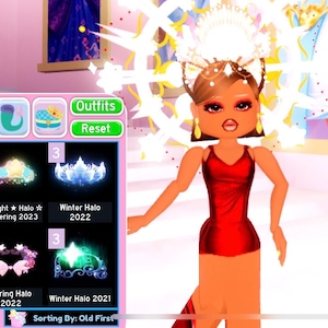 Könnte beinhalten: Ein digitaler Avatar in einem roten Kleid und Heiligenschein, mit einer Auswahl an virtuellen Heiligenscheinen auf der linken Seite. Die Heiligenscheine umfassen Designs wie Dark Fairy Halo, Solarix Halo und Winter Halo. Das Bild stammt aus einer virtuellen Welt.