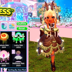 Könnte beinhalten: Digitales Kunstbild mit einer Figur in einem braunen Kleid mit dekorativem Kopfschmuck und einer Auswahl virtueller Halos. Das Bild enthält den Text "ST XPRESS" und verschiedene Halo-Optionen wie "Halloween Halo 2019" und "Lucky Halo 2020".