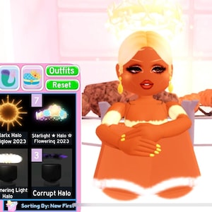 May include: A digital avatar in an orange dress with white trim and blonde hair. A menu displays various halos, including Witching Hour, Dark Fairy, Solarix, and Starlight. The avatar is in a virtual environment with a grill.