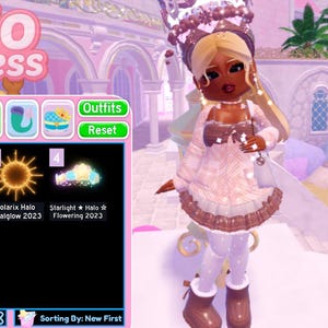 Könnte beinhalten: Digitale Illustration eines Charakters in einem rosa-braunen Outfit, mit Krone und passender Handtasche. Das Bild enthält den Text "Halo express" und ein Menü virtueller Outfits.