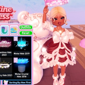 May include: A digital illustration featuring a doll-like character in a red and white dress, holding a pink parasol. The image includes a menu with various halo designs and the text "Valentine Express."