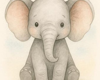 Whimsical Baby Elephant Print | Nursery Wall Art | Neutral Safari Animal Kids Room Decor | Digital Download