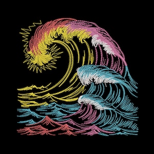 Puede incluir: Diseño bordado de olas oceánicas en tonos amarillo, rosa, azul y blanco sobre fondo negro. La obra de arte representa una ola estilizada con intrincados detalles de hilo, evocando una sensación de movimiento y energía. Adecuado para ropa o decoración del hogar.