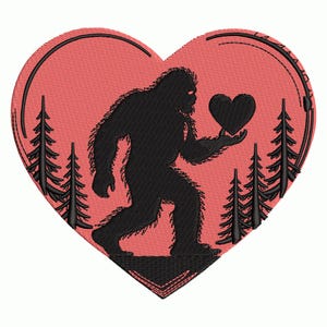 May include: Embroidered design featuring a black Bigfoot holding a heart within a heart-shaped frame. The design includes black pine trees on a coral background. This design is suitable for apparel and accessories.