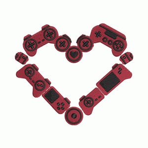 May include: A heart shape composed of red and black embroidered video game controllers and buttons. The controllers are arranged to form the outline of a heart, with the buttons and directional pads visible.