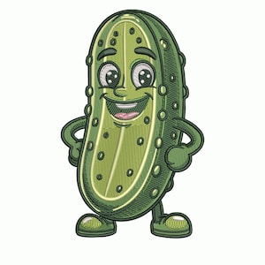 Puede incluir: Parche bordado de un pepinillo sonriente de estilo caricatura, con brazos y piernas. El pepinillo es verde con un contorno verde claro y tiene una cara feliz. El diseño presenta una boca sonriente, ojos y brazos en jarras.